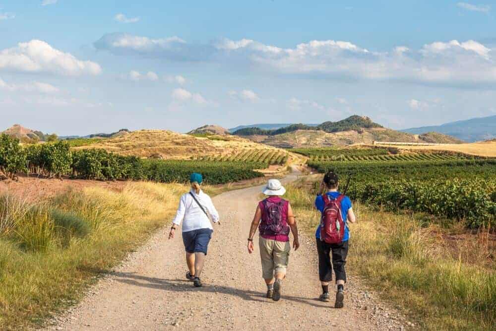 Group of pilgrims walking the Camino Portugues - beautiful landscape