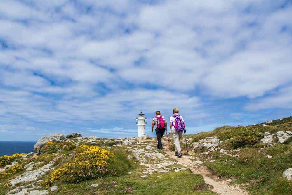 Group of pilgrims walking the Camino Portugues - beautiful landscape