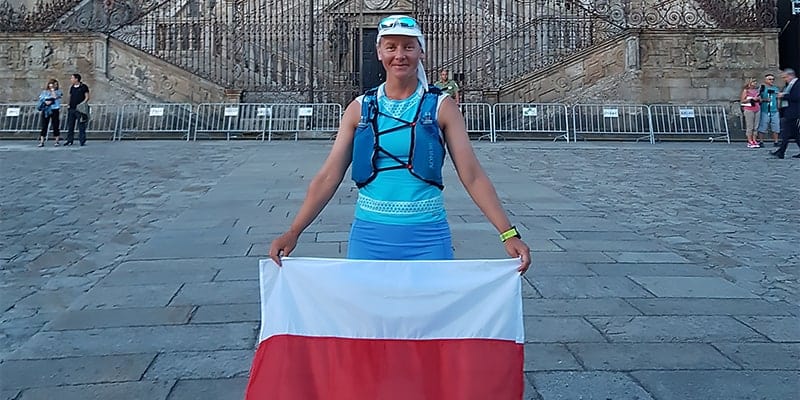 Agnieszka in Santiago after running the Camino