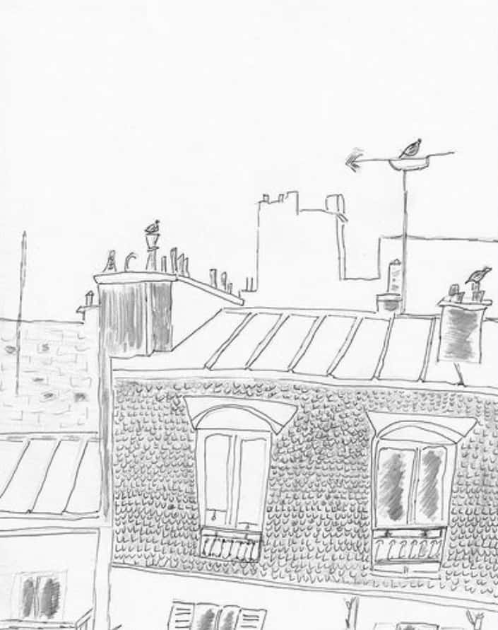 a sketch from Onward, Backward! -or- A Ramble to Santiago - pigeons on chimneys in 