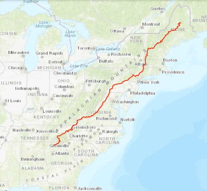 The Appalachian Trail long-distance hiking route map