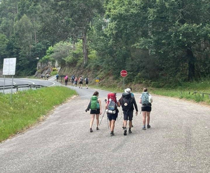 a picture of a group of pilgrims on their way to the forest