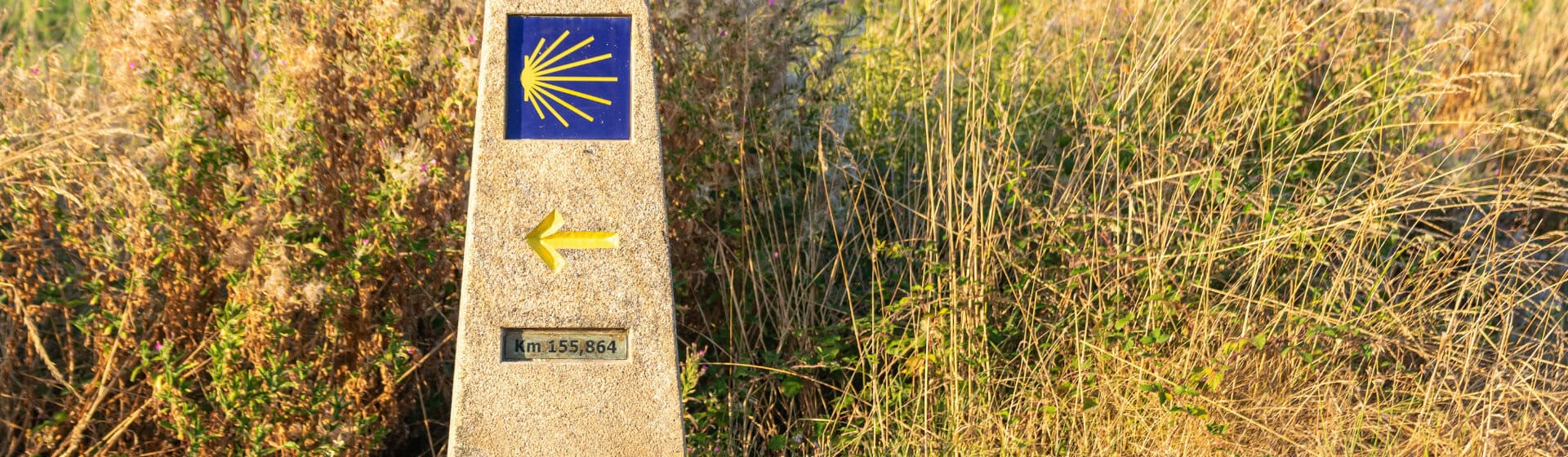 Distance marker with yellow arrow on the camino primitivo stage